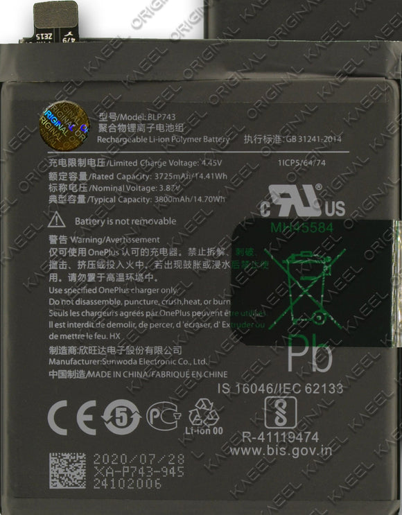 Genuine Battery BLP743 for OnePlus 7T / HD1901 / HD1903 / HD1900 / HD1907/ HD1905 3800mAh with 1 Year Warranty*