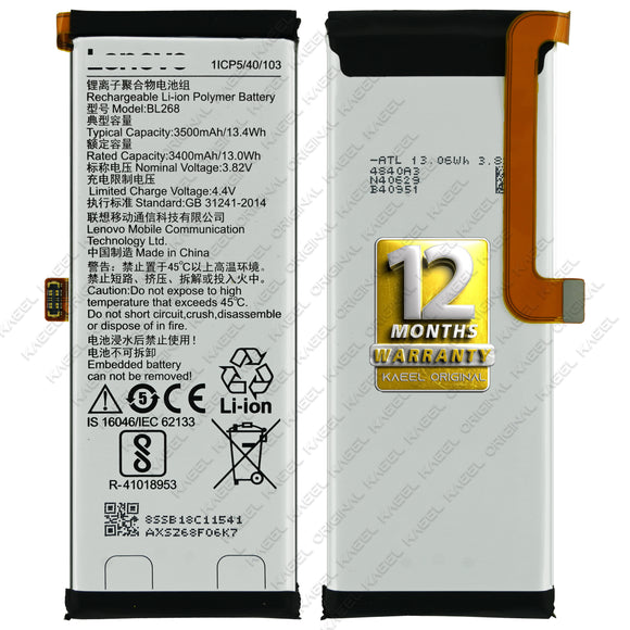 Genuine Battery BL268 for Lenovo Z2 Plus PA500019IN / Lenovo ZUK Z2 ZUK Z2132, ZUK Z2131, Z2131 3500mAh with 12 Months Warranty*
