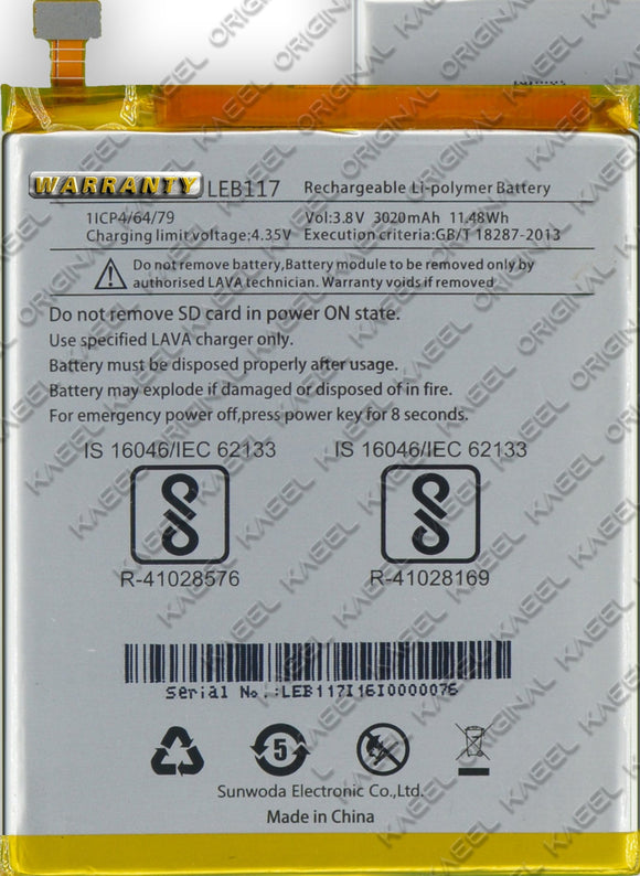 Genuine Battery LEB117 for Lava A3 3020mAh with 1 Year Warranty*