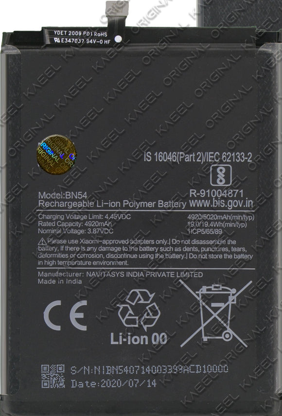 Genuine Battery BN54 for Redmi note 9, Note 10x 4G, Redmi 10X 5G, Redmi 10x pro 5G, Xiaomi Poco M2 5020mAh with 1 Year Warranty*