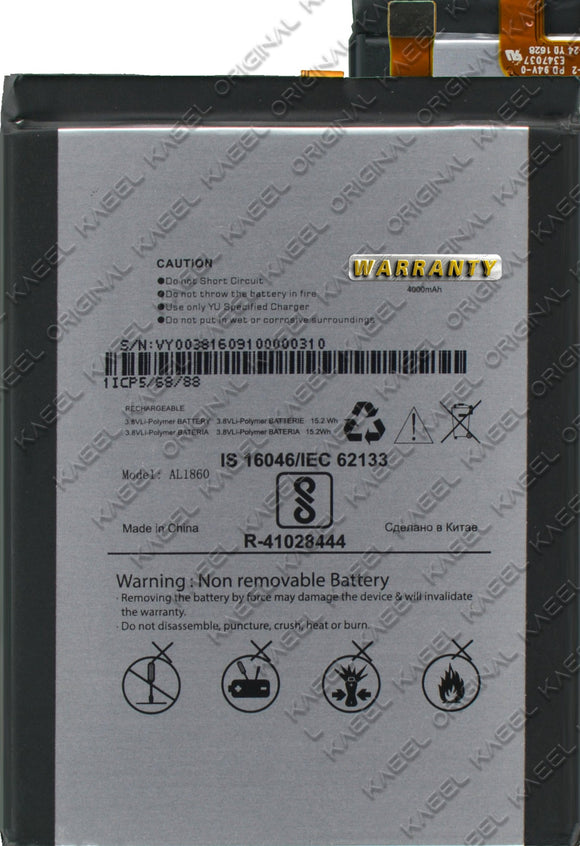 Genuine Battery AL1860 for Micromax YU Yureka Note YU6000 Dual Sim 4000mAh with 1 Year Warranty*